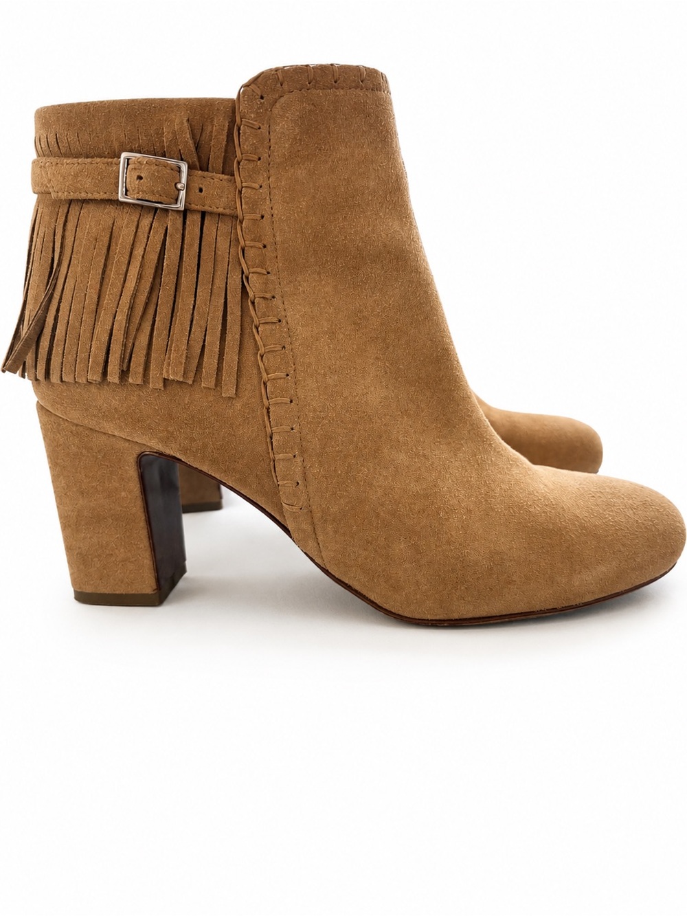 Tabitha Simmons Surrey fringed suede heel booties in camel, size 7 (37)